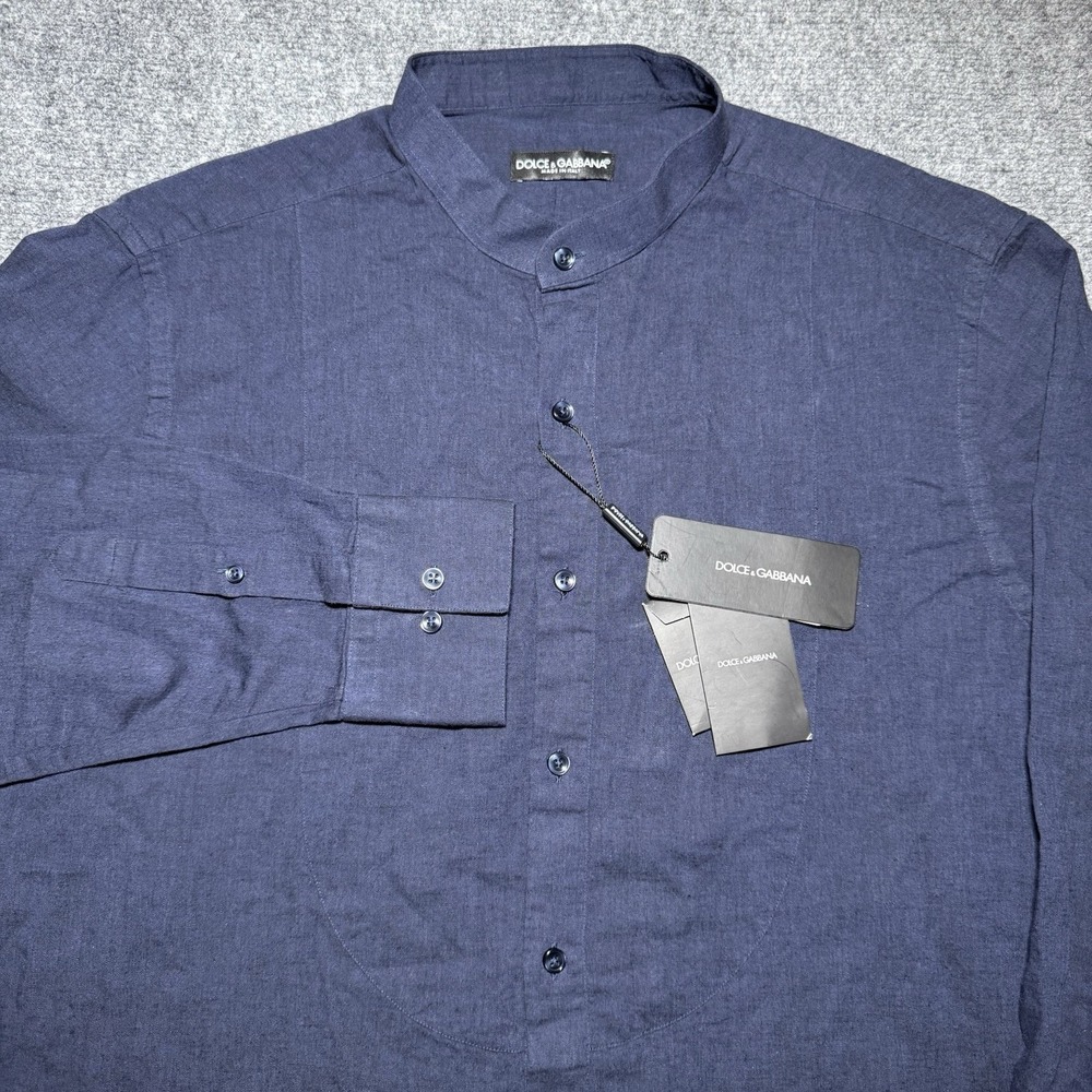 Dolce & Gabbana Blade Collar Long Sleeve Cotton Shirt Men 43 XL Navy NEW NWT